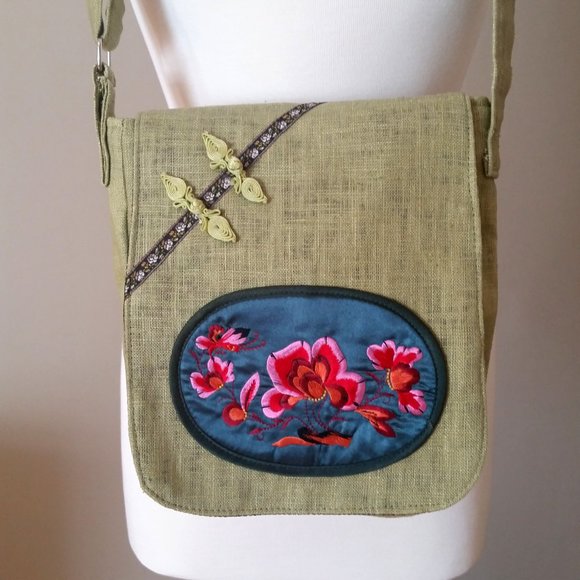 Handcrafted Linen Front Flap Cross Body Bag with Embroidered Front - Picture 1 of 7
